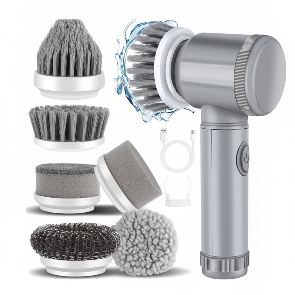 PowerSpin cleaning brush with attachments flat lay